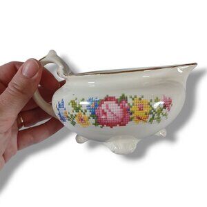 Homer Laughlin Cunningham Pickett Nautilus Footed Creamer Needlepoint Gold Rim